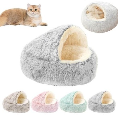 Katzenplüschbett, Kunstfell, flauschig, mit Kapuze, beruhigendes Katzenbett, Höhle, für den Winter, gemütlich, rund, Haustier
