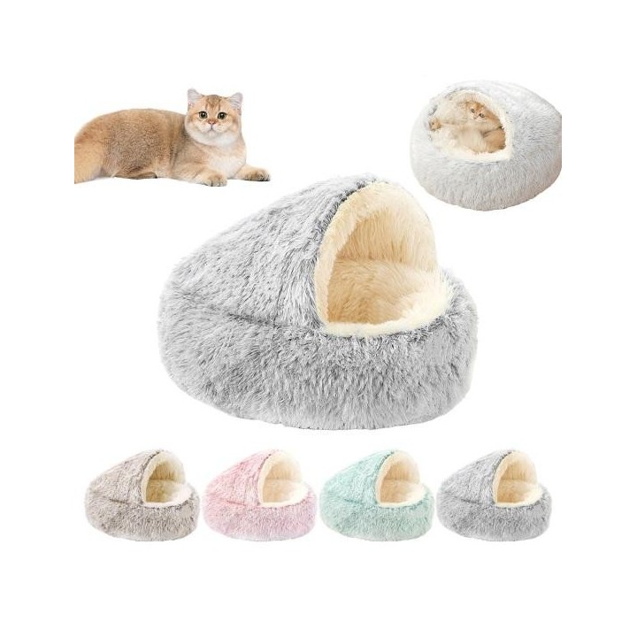 Katzenplüschbett, Kunstfell, flauschig, mit Kapuze, beruhigendes Katzenbett, Höhle, für den Winter, gemütlich, rund, Haustier