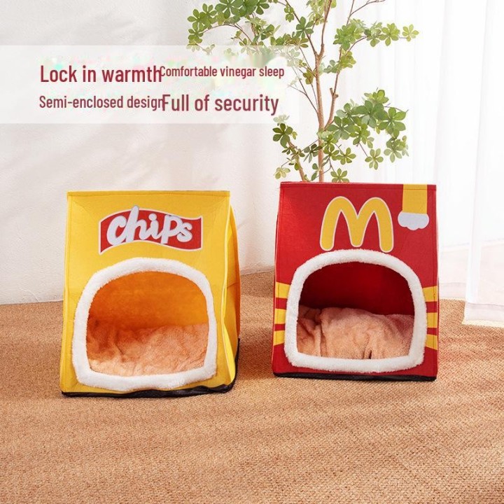 Gemütliches, halbgeschlossenes Katzenbett aus Samt – süßes Kartoffelchip-Design, warm für den Winter, universell für alle Jah