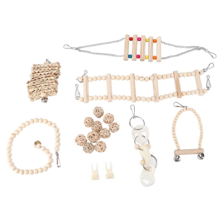 Papageien Kauspielzeug-Set aus natürlichem Holz zum Aufhängen, Hängematte, Vogelkäfig, Schaukelspielzeug für Sittiche, Nymphe