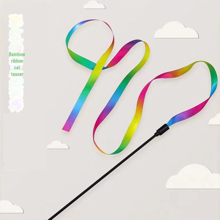 Doppelseitiger Katzenspielzeugstab mit Regenbogenband – Interaktives Spielzeug für Katzen 60cm Rainbow Teasing Stick