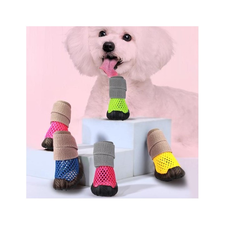 4 Stück Haustierschuhe, ausgehöhlt, atmungsaktiv, Befestigungsband, Anti-Rutsch-Netz, Sommer, hohl, Welpen, Hunde, Teddyschuh