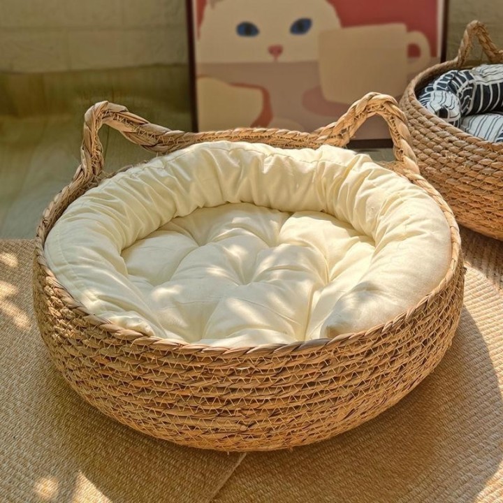 OUZEY Katzenkorb aus Rattan, geflochten, für Haustiere, Katzenbett mit Kissen, weich, warm, für Welpen und Kätzchen, Donut, r