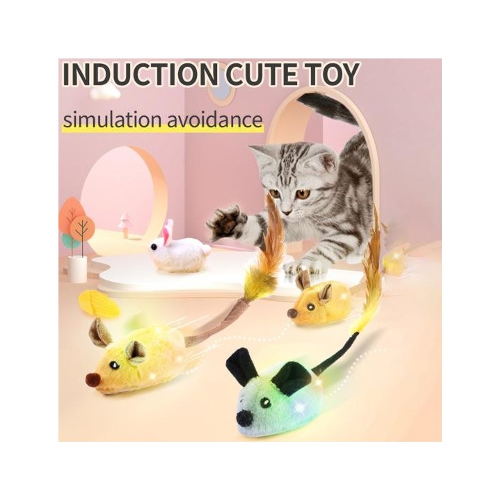 Elektrisches Plüschmausspielzeug mit LED, automatischer Hindernisvermeidung, interaktives quietschendes Katzen- und Hundespie