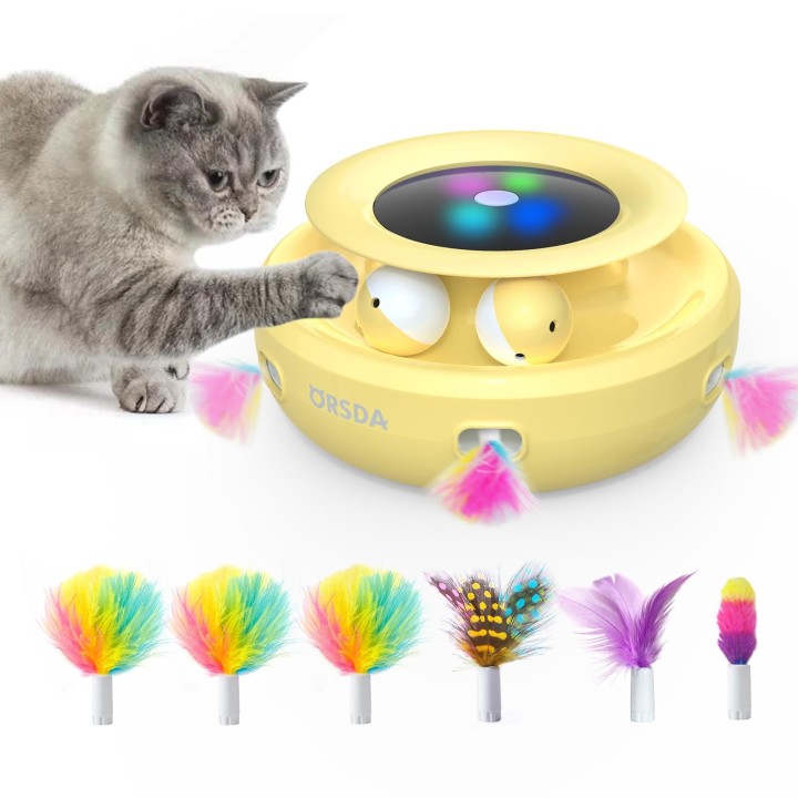 ORSDA Elektrisches Katzenspielzeug, Automatisches Katzenspielzeug, 2-in-1, Integriertes 6-teiliges austauschbares Kunsthaar,