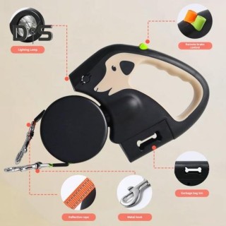 Einziehbare Hundeleine für 2 Hunde, Nylon-Zugseil mit LED-Leuchten, ergonomischer Griff, Kotbeutelhalter für kleine Hunde 3M