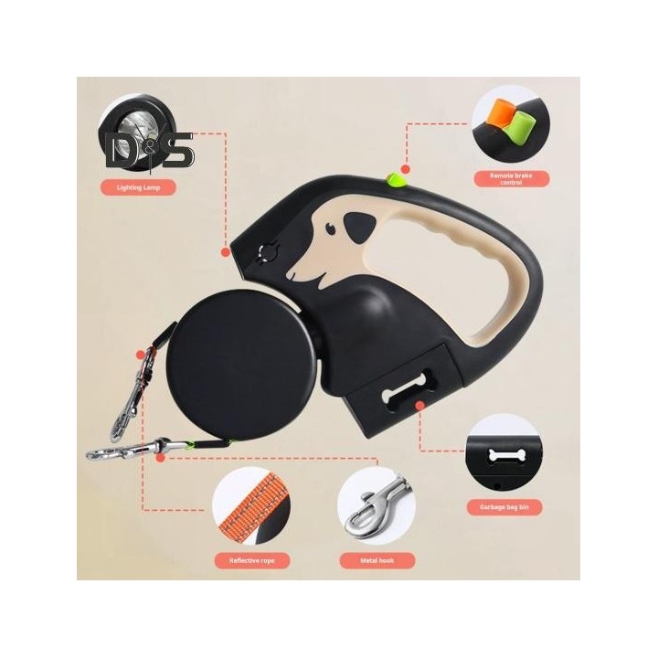 Einziehbare Hundeleine für 2 Hunde, Nylon-Zugseil mit LED-Leuchten, ergonomischer Griff, Kotbeutelhalter für kleine Hunde 3M