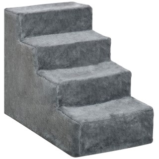PawHut Haustiertreppe  4-stufige Hunderampe mit abnehmbarem Bezug, Katzentreppe, Spanplatte, Plüsch, Grau, 60x35x44cm  Aosom