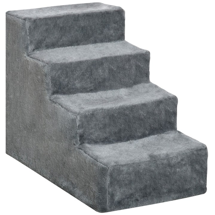 PawHut Haustiertreppe  4-stufige Hunderampe mit abnehmbarem Bezug, Katzentreppe, Spanplatte, Plüsch, Grau, 60x35x44cm  Aosom