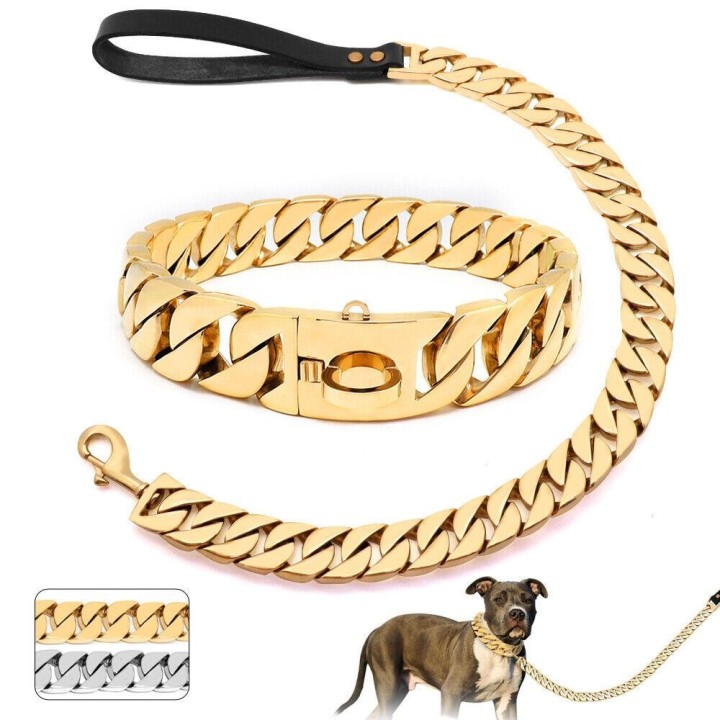 Hundekette aus Edelstahl und Gold, superstark, aus Metall, langlebig, silberfarben, Zugseilkette, solide für Haustier-Schmuck
