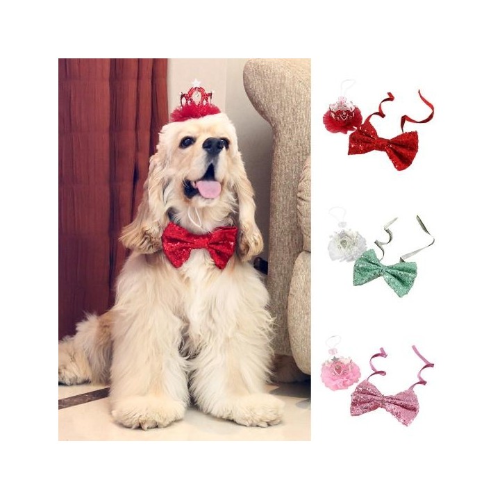 Haustierzubehör, Pailletten-Schleifenhalsband, Strass-Kronen-Set, Haustier-Kostüm für tägliche Fotos, Ausflüge im Freien rosa