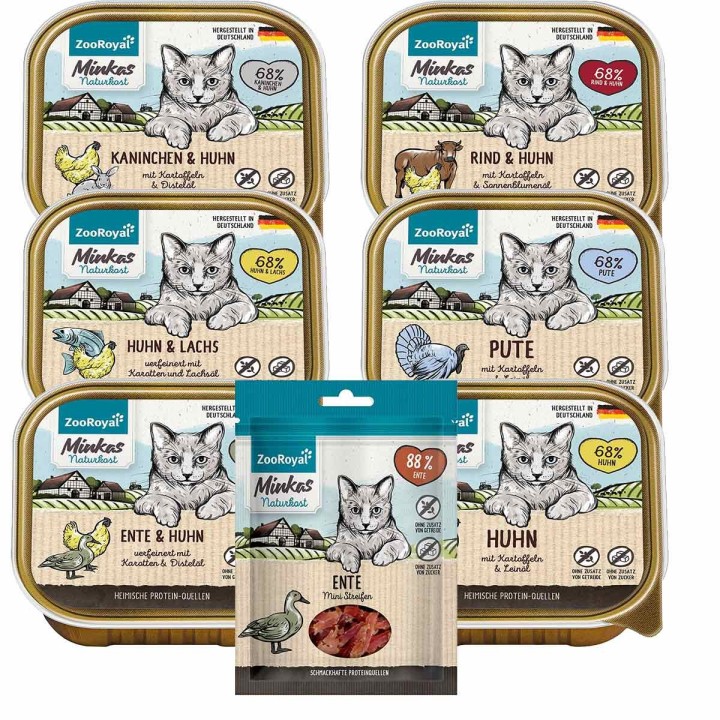 ZooRoyal Minkas Naturkost Mixpaket 6x100 g + gratis Enten Streifen 50 g