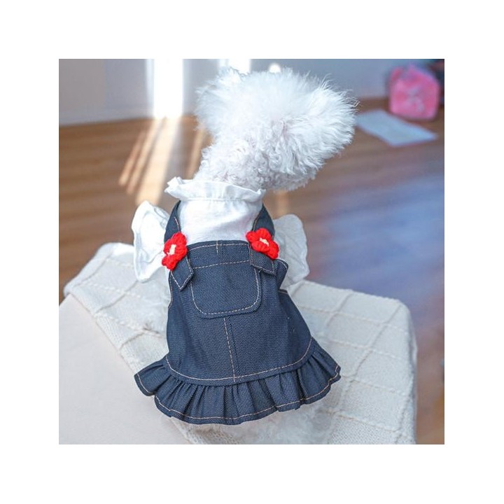 Haustier-Jeanskleid, bequemer Kragen, Blume, weicher Stehsaum, Haustier-Dekor, Rüschen, Sommerkleid für Hunde und Katzen XL n