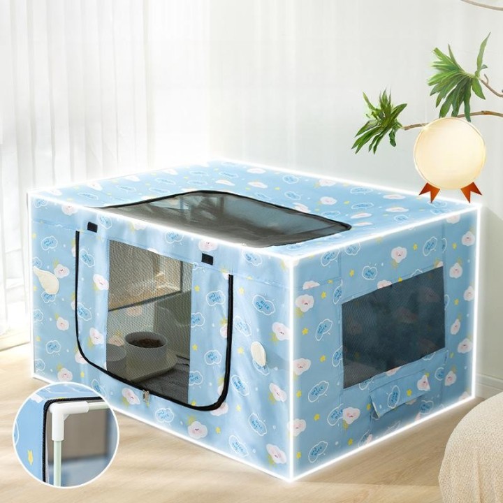 Blau bedruckter zusammengebauter Katzenkreißsaal, großer Raum, vierseitiges Mesh, atmungsaktiv, postoperative Erholung, Haust