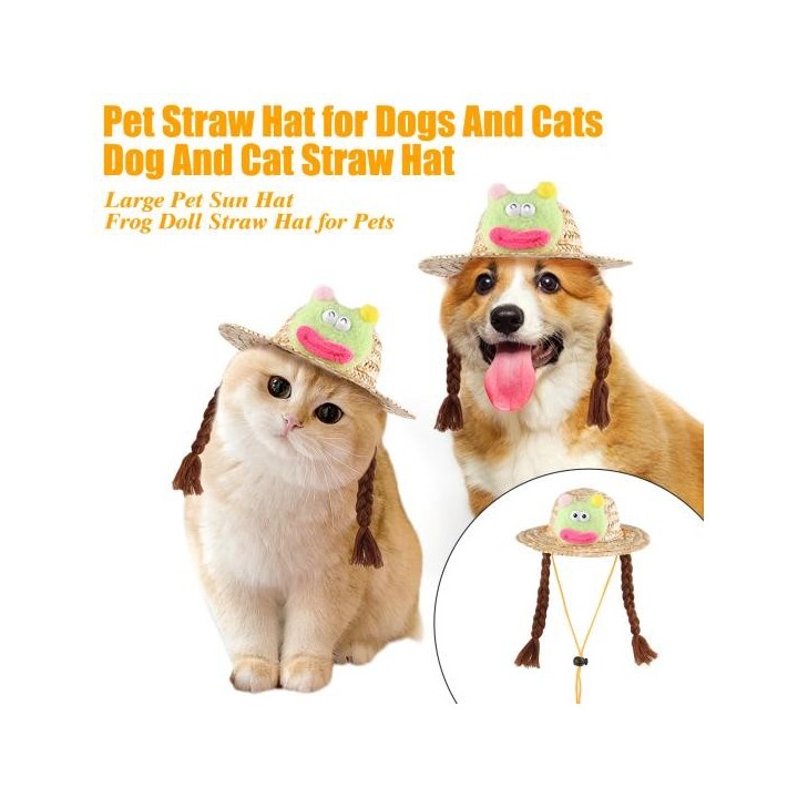 Geflochtener Hut für Haustiere, gewebter Strohhut für Hunde, verstellbarer Schattenhut für den Sommer mit süßer Froschpuppe,