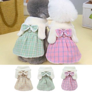 Plaid Muster Katze Hund Prinzessin Kleid Winter Warme Haustier Kleid mit Schleife Und M rosa