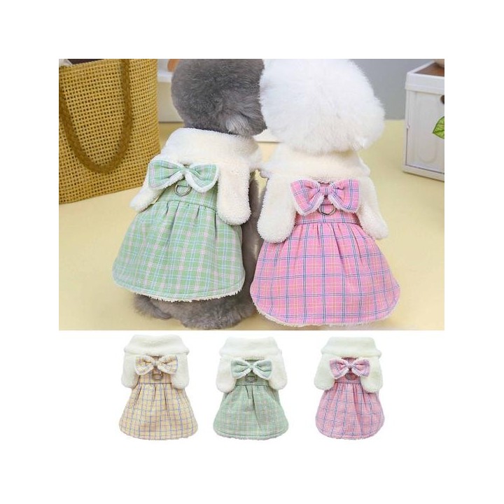 Plaid Muster Katze Hund Prinzessin Kleid Winter Warme Haustier Kleid mit Schleife Und M rosa
