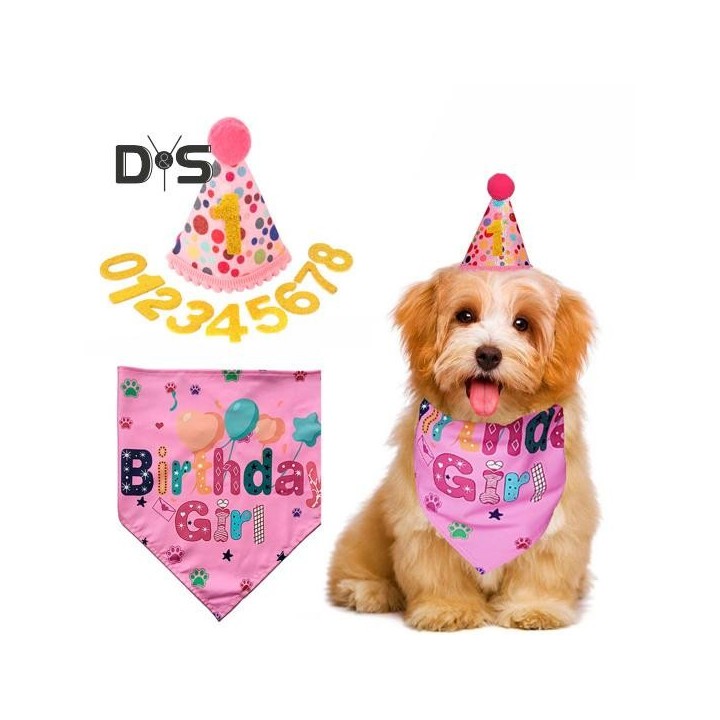 Hundegeburtstagshut, Bandana-Outfit, Party-Dekoration, Happy Birthday, Hundeschal, Mütze mit Zahlen, Kostüm-Zubehör-Set rosa