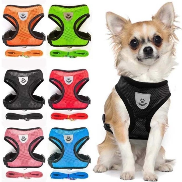 Hochwertiges Hundegeschirr für kleine Hunde und Katzen mit Leine, reflektierende Netzweste, verstellbar M rot