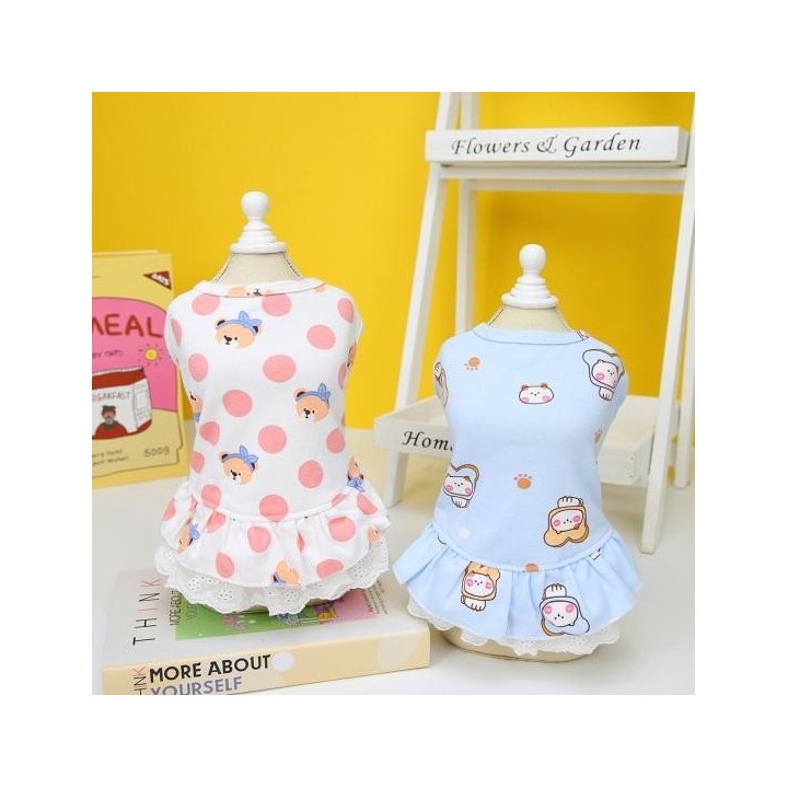 Hundekleid, Spitze, gerüscht, bequemer Baumwollsaum, weich, für Hunde, Cartoon-Muster, Weste, Kleid für den täglichen Gebrauc