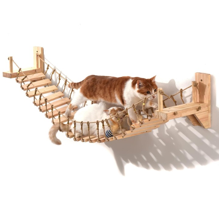 39,4 Zoll Wandmontierte Katzen-Seilbrücke für Innenkatzen Stufen mit Sisalwand Holzmöbel zum Schlafen Spielen Klettern