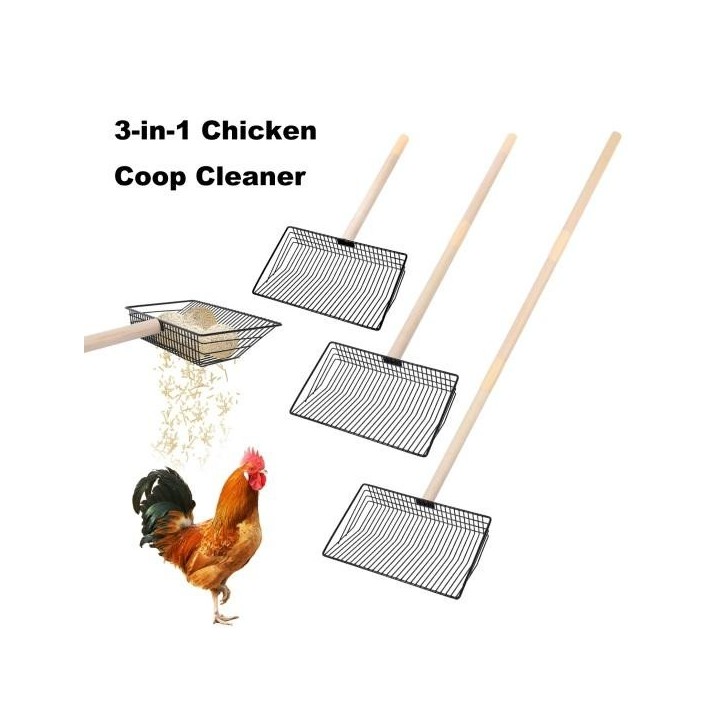 Große Hühnerkotschaufel, Reinigungsschaufel aus Edelstahl für den Hühnerstall mit Holzgriff, 3-in-1-Streuschaufel für Hühners