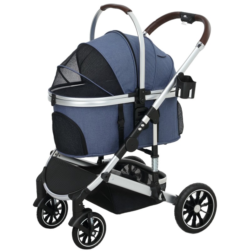 PawHut Hundewagen 3 in 1 Hundebuggy klappbar für Hunde & Katzen bis 10 kg Katzenbuggy mit Kissen Becherhalter Netzfenstern Tü