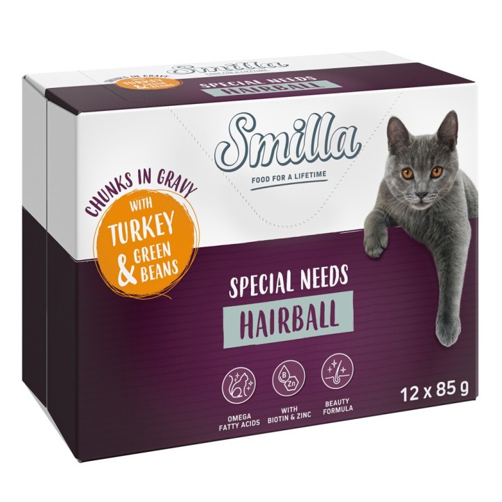 Smilla Frischebeutel Adult Hairball Häppchen in Sauce mit Gemüse - Pute und grünen Bohnen (12 x 85 g)
