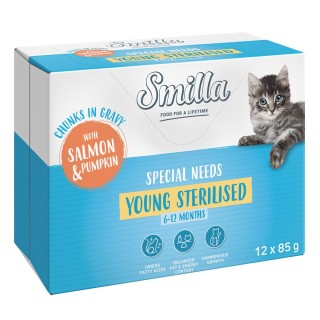 Smilla Frischebeutel Young Sterilised Häppchen in Sauce mit Gemüse -  Lachs und Kürbis (12 x 85 g)