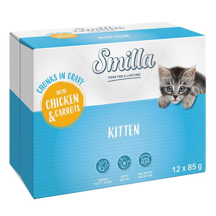 Smilla Frischebeutel Kitten Häppchen in Sauce mit Gemüse - Huhn und Karotten (12 x 85 g)