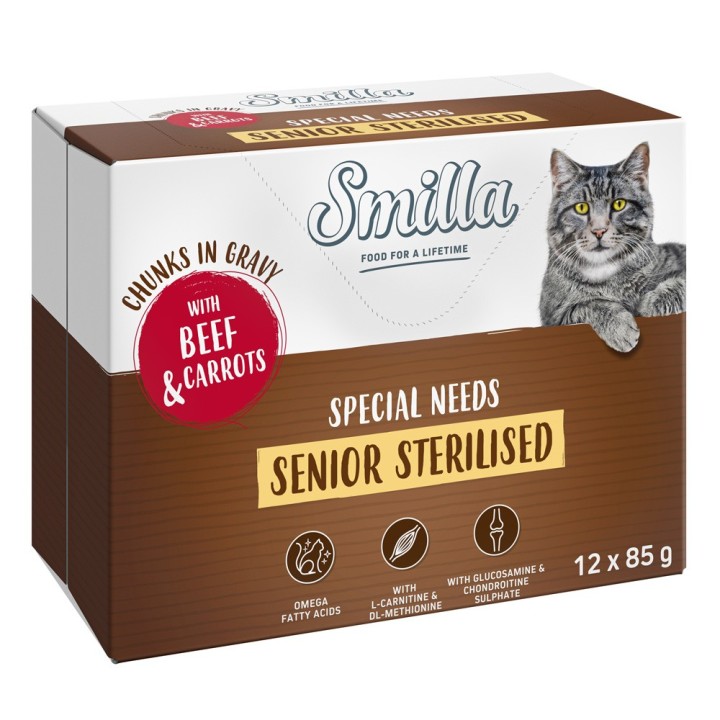 Smilla Frischebeutel Senior Sterilised Häppchen in Sauce mit Gemüse - Rind und Karotten (12 x 85 g)
