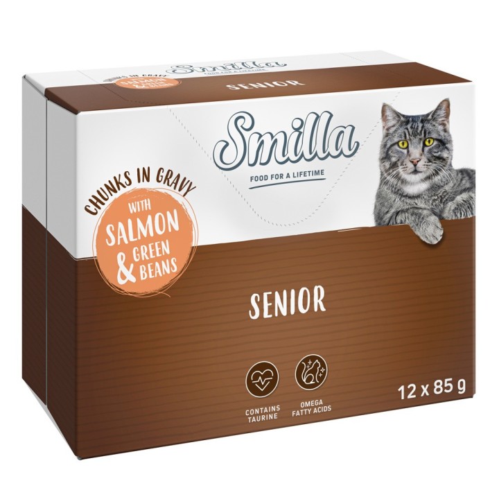 Smilla Frischebeutel Senior Häppchen in Sauce mit Gemüse - Lachs und grünen Bohnen (12 x 85 g)