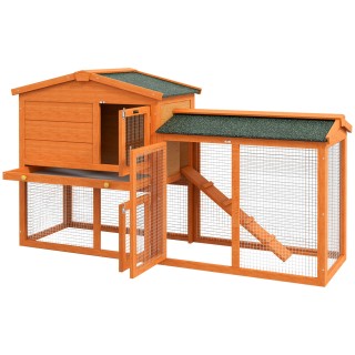 PawHut Hasenstall 2 Ebenen Kaninchenstall aus Tannenholz Winterfest Doppelstockhaus mit Freilaufgehege Wanne Rampe 150x45x85