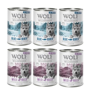 Wolf of Wilderness JUNIOR - Mixpaket - 24 x 400 g: 12x Huhn & Lachs, 12x Ente & Kalb