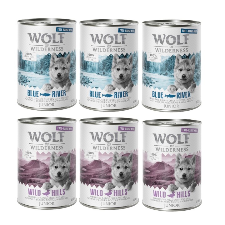 Wolf of Wilderness JUNIOR - Mixpaket - 24 x 400 g: 12x Huhn & Lachs, 12x Ente & Kalb