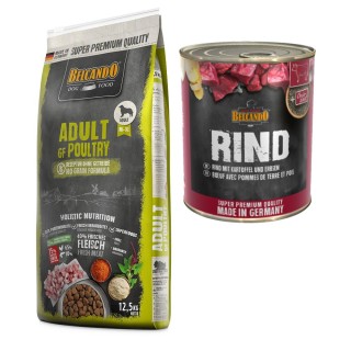 Belcando Adult Kombi-Paket: 12, 5 kg Trockenfutter Getreidefrei + 12 x 800 g Super Premium - 12,5 kg Geflügel + 12 x 800 g Ri