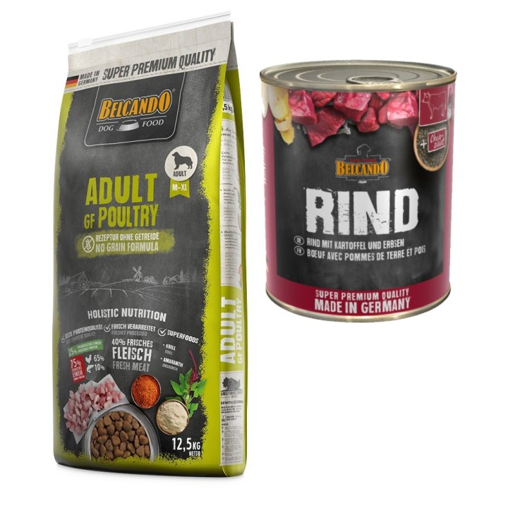 Belcando Adult Kombi-Paket: 12, 5 kg Trockenfutter Getreidefrei + 12 x 800 g Super Premium - 12,5 kg Geflügel + 12 x 800 g Ri