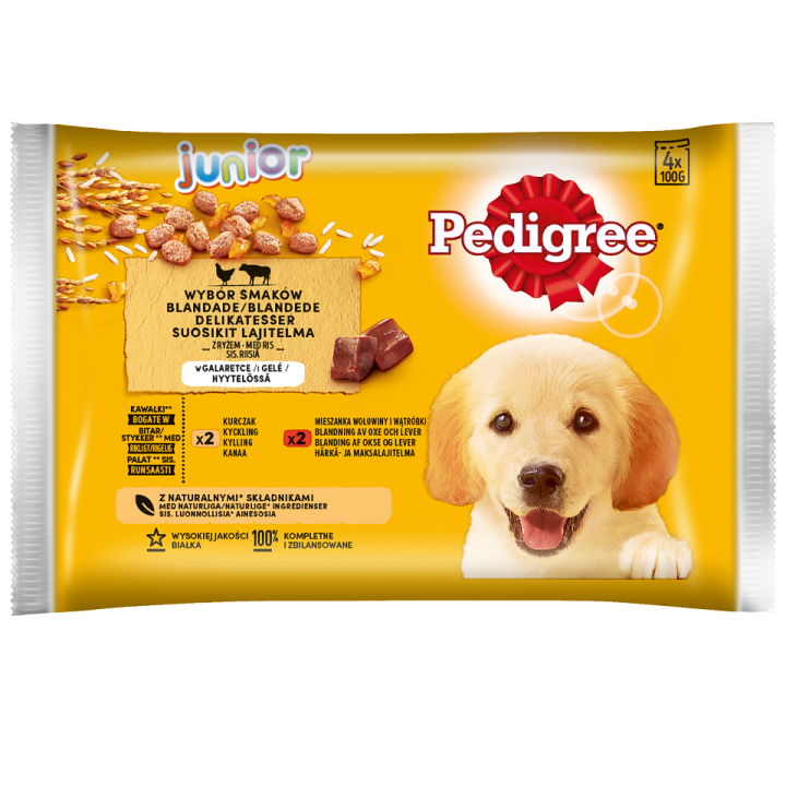 PEDIGREE Junior Mix 4x100g: Nassfutter für Welpen mit Reis, Huhn und Rind in Gelee