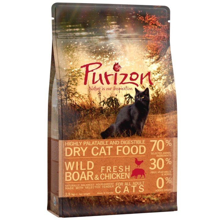 Übergangsset! Purizon- getreidefrei für Kitten und erwachsene Katzen - 2,5 kg Kitten Huhn & Fisch  + 2,5 kg Adult Wildschwein
