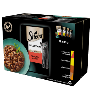 SHEBA Selection 12x85 g: Nassfutter für adulte Katzen mit Huhn und Rind, Huhn, Lamm, Ente und Truthahn in Soße