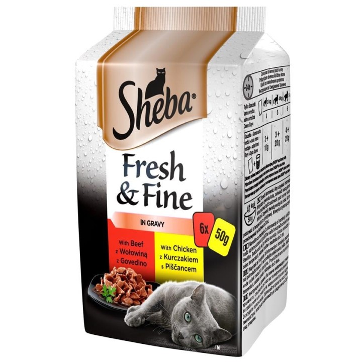 SHEBA Tüte 6x50g Fresh &amp, Fine - Katzennassfutter in Sauce (Huhn, Rind, Ente)