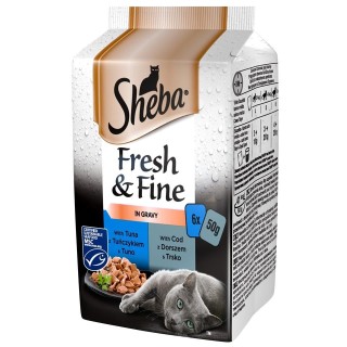 SHEBA Fresh &amp, Fine 6x50g: Nassvollnahrung für adulte Katzen mit Thunfisch und Kabeljau in Sauce