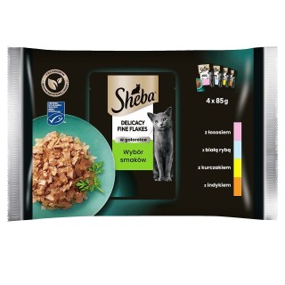 SHEBA Beutel 4x85g Fine Flakes in Jelly – Nassfutter für Katzen in Gelee (mit weißem Fisch, Lachs, Truthahn, und Huhn)