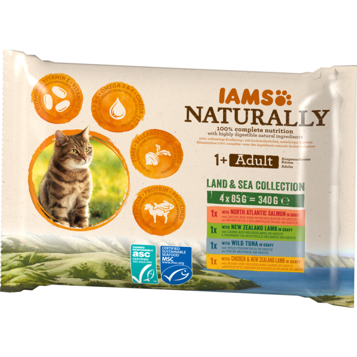 IAMS Naturally erwachsene Katze Land- und Seekollektion in Sauce 4 x 85g
