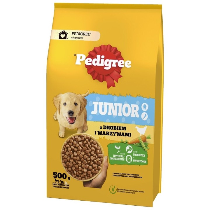 PEDIGREE Junior 500g: Trockenfutter mit Geflügel und Gemüse für große und mittelgroße Hunde