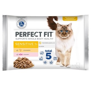 PERFECT FIT Sensitive 1+ 4x85g: Nassfutter mit Huhn, Lachs für adulte Katzen in Soße