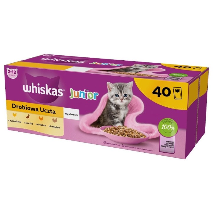 WHISKAS Junior Geflügel-Schmaus 40x85g Nassfutter mit Huhn, Ente, Geflügel und Pute in Gelee für Kätzchen