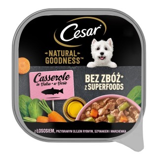 CESAR Schale 100 g: Nassfutter in Sauce mit Lachs, angereichert mit Fischöl, Spinat und Karotten