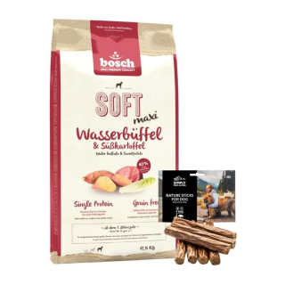 BOSCH Soft Maxi Wasserbüffel &amp, Süßkartoffel 12,5 kg + Hundesnacks Nature Sticks mit Wildfleisch 7 Stck