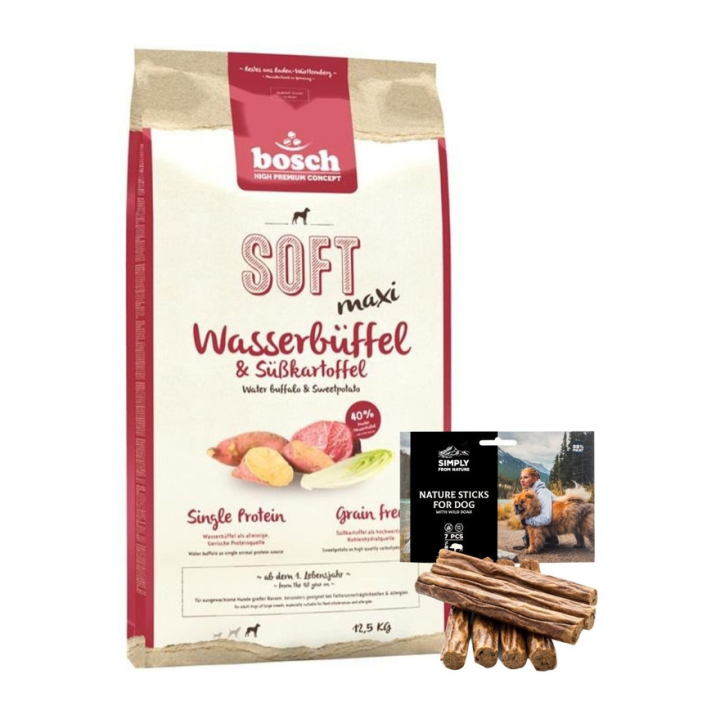 BOSCH Soft Maxi Wasserbüffel &amp, Süßkartoffel 12,5 kg + Hundesnacks Nature Sticks mit Wildfleisch 7 Stck